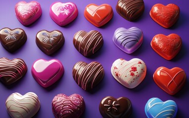 Obraz premium n assortment of colorful heart-shaped candies and chocolates, artistically arranged on a rich purple-to-indigo gradient background. Valentines Day and 8 March theme