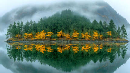 Fototapeta premium Misty Autumn Island Reflection: Breathtaking Fall Scenery
