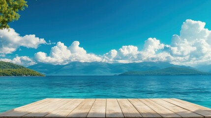 Minimalist Wooden Podium on Turquoise Shoreline with Scenic Background