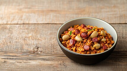 Fototapeta premium Savory Rice Dish with Sausage and Olives in Rustic Bowl