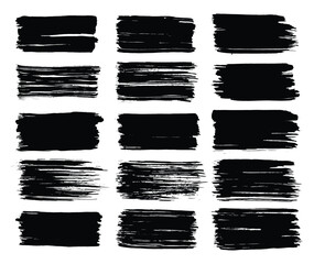Vector paint brush set. Black ink grunge brush strokes. Grunge design elements. Painted ink stripes. Creative isolated spots. Ink smudge, abstract shape stains and smear set