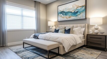 Elegant Modern Bedroom Interior with Stylish Decor and Blue Artwork