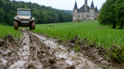 A tractor leaves muddy tracks on a grassy field with a castle in the background.