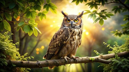 Obraz premium Great Horned Owl Perched in Nature's Embrace