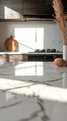 Sunlight streams gently across a sleek marble countertop, highlighting a delicate arrangement of dried flowers and a textured stone. A modern kitchen setting enhances the serene morning atmosphere
