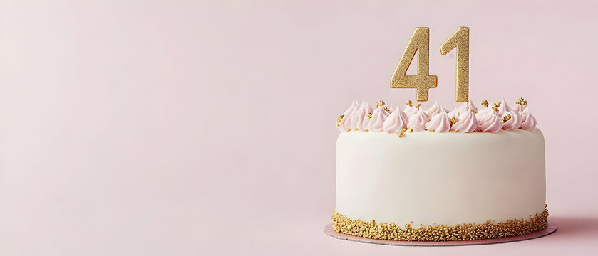 Happy Birthday 41th with gold letters on a light pink background