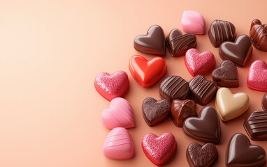Obraz premium n assortment of colorful heart-shaped candies and chocolates, artistically arranged on a pastel peach-to-light-coral gradient background. Valentines Day and 8 March theme