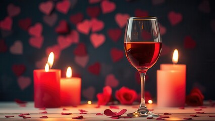 Romantic background with wine, candles and rose petals.