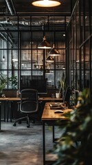 Modern Workspace with Glass Walls and Industrial Lighting Elements