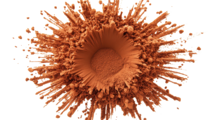 Orange powder exploding, creating a crater shape on transparent background