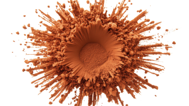 Orange powder exploding, creating a crater shape on transparent background