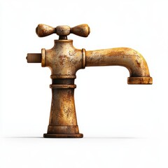 n industrial water tap with a rusty metal texture, placed on a bright white background