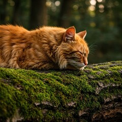 Close-up of a fluffy orange tabby cat peacefully sleeping on a moss-covered tree trunk in a serene forest, bathed in warm, soft natural light, evoking calm and tranquility.