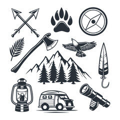 Camping elements of outfit for hiking vector illustration.