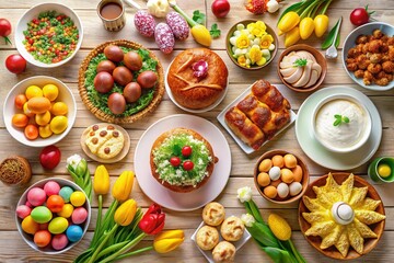Cheerful Easter Brunch Table with Traditional Delicacies and Festive Ambiance