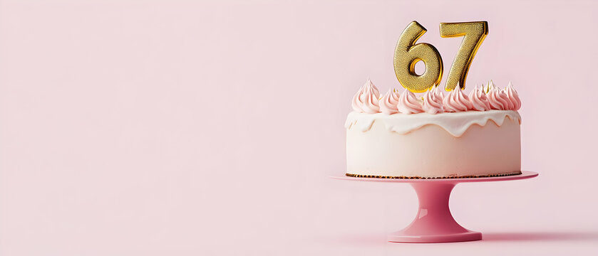 Happy Birthday 67th with gold letters on a light pink background