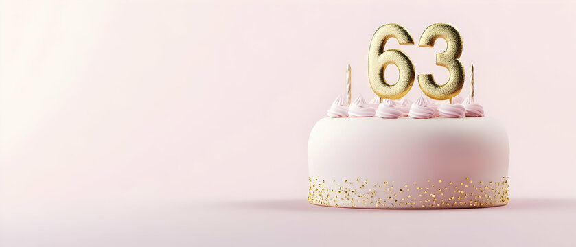 Happy Birthday 63th with gold letters on a light pink background