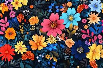 Vibrant Floral Pattern on Dark Background