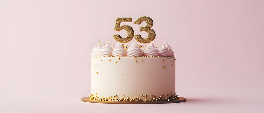 Happy Birthday 53th with gold letters on a light pink background