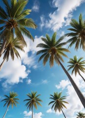 Obraz premium Palm trees against a vibrant blue sky with soft, white clouds, foliage, blue sky