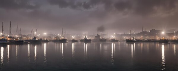 Panoramic shot of Aberdeen harbour in the early morning with mist rising from the water, urban landscape, harbour scenes, boat docks