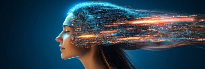 Digital Mind Profile of a Woman with Circuit Boards and Binary Code Forming Her Hair
