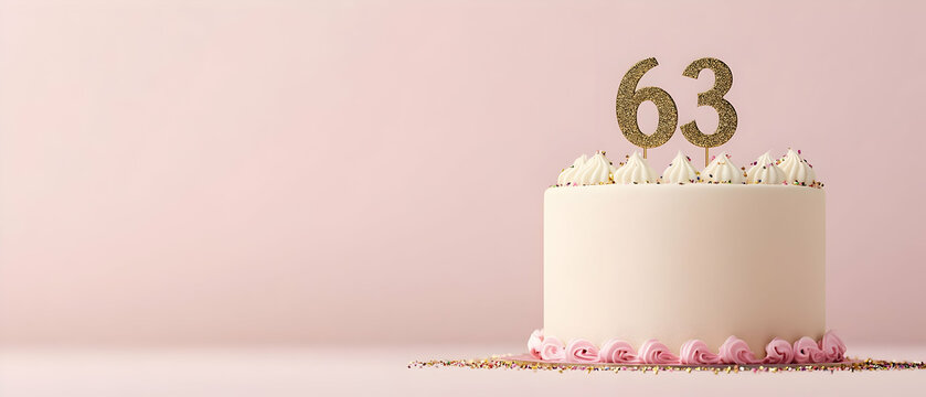 Happy Birthday 63th with gold letters on a light pink background