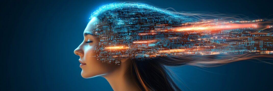 Digital Mind Profile of a Woman with Circuit Boards and Binary Code Forming Her Hair