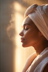 Fototapeta premium In a tranquil sauna setting, a woman with her hair wrapped in a towel leans back against the wall. Soft golden light and steam enhance the calming ambiance, inviting relaxation
