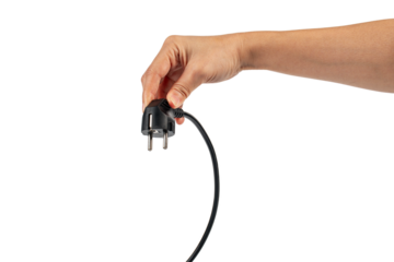 Electric plug on white background. Hand with plug isolated on transparent background.