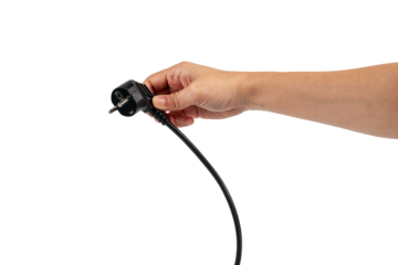 Electric plug on white background. Hand with plug isolated on transparent background.