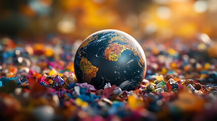 Globe amidst colorful confetti landscape.