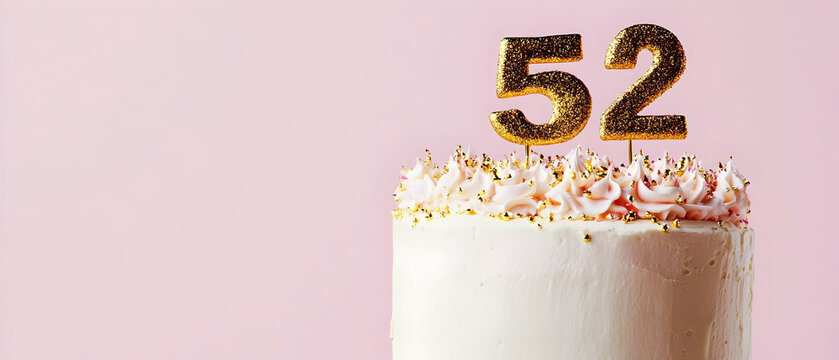 Happy Birthday 52th with gold letters on a light pink background