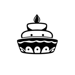 A delightful black and white illustration of a birthday cake with a single candle. Perfect for celebratory designs and baking-themed projects.