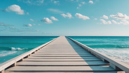 Obraz premium long wooden pier extending into the ocean. The pier is made of light-colored wood and is located on a sandy beach. The ocean is a beautiful turquoise color and the sky is a clear blue with a few white