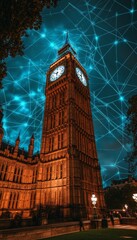 Fototapeta premium Iconic Clock Tower in a Futuristic Network, London. Digital Connectivity and Heritage Concept