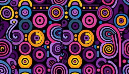A vibrant abstract pattern featuring colorful circles and swirls on a dark background.