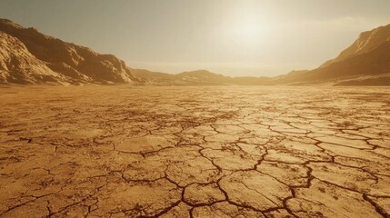 Vast Desert Landscape with Cracked Earth Under Sunlit Sky