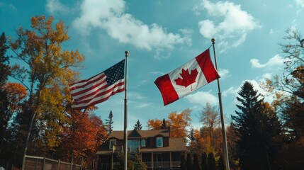 American flag flying proudly in the city with the wind on a building under a blue sky
