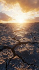 Obraz premium Cracked Earth Landscape Under Dramatic Sunset Sky at Dusk