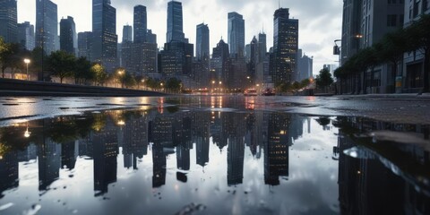 Naklejka premium Puddles and City Skyline with Distorted Reflections , distorted reflections, blurred pool