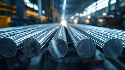 Close-up stainless steel round bar in Industrial Facility, industrial manufacturing. Created with Generative AI.