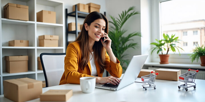 Small business entrepreneur woman in office using laptop for ecommerce marketing