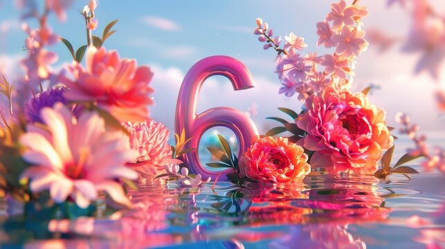 Number 6 on a background of pink flowers in water. 3d illustration