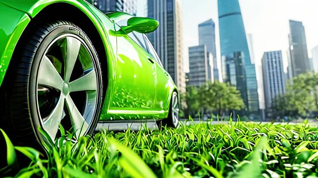 Bright green electric car among greenery against the backdrop of modern city with skyscrapers. Eco-friendly auto technologies concept