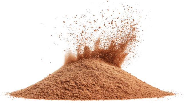 Pile of cocoa powder exploding on transparent background