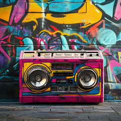 A vibrant boombox against a colorful graffiti wall, showcasing urban culture.