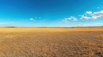 Expansive Golden Landscape with Clear Blue Sky and Dry Terrain