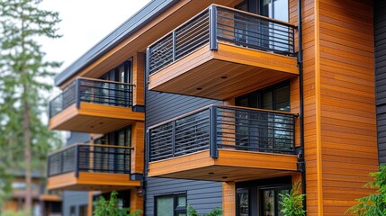 Modern Apartment Building with Wooden Facade and Balconies: Luxury Residential Design