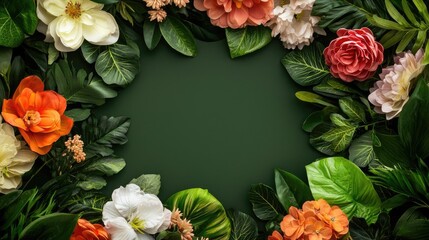 Fototapeta premium Garden blooms nature concept. Vibrant floral frame with assorted flowers and lush green leaves, perfect for invitations.